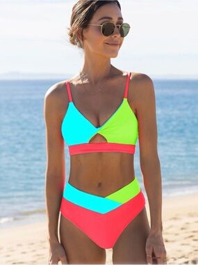 Popvil Neon Colorblock V-Waist Bikini Set - NWT medium top, small bottom